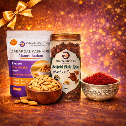 Royal Kashmiri Combo Gift Pack 250g Kashmiri Mamra Badam+ 250g Kashmiri Kahwa Tea + 1g Kashmiri Mongra Saffron