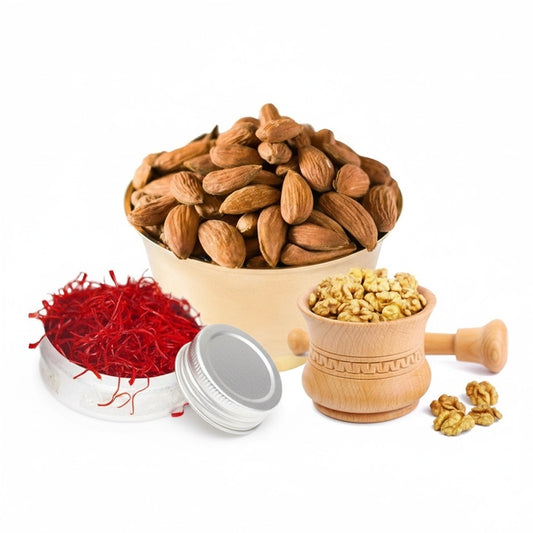 Combo gift Pack  250g Premium Kashmiri Mamra Badam+ 250g Kashmiri Walnut Giri+ 1g Kashmiri Mongra Saffron / New Crop