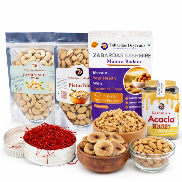 Combo Gift 250g Kashmiri Mamra Badam+ 250g Kashmiri Walnut Giri+ 250g Pistachio+ 250gCashews+ 250g Afghani Raisins+250g Afghani Anjeer+ 1g Saffron+ 500g Kashmiri Acacia Honey+ 250g Kagzi Badam