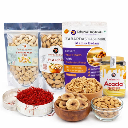 Combo Gift 250g Kashmiri Mamra Badam+ 250g Kashmiri Walnut Giri+ 250g Pistachio+ 250gCashews+ 250g Afghani Raisins+250g Afghani Anjeer+ 1g Saffron+ 500g Kashmiri Acacia Honey+ 250g Kagzi Badam