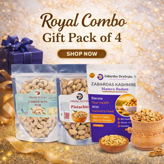 Royal Combo Gift of 250G Each Pack  ( Kashmiri Mamra Badam+ Kashmiri Walnut Giri+ Cashew Nuts W240 + Premium Pistachio)